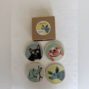 Hannah Turner Ceramic Dog Coaster Set with Illustrated Pups - Yellow, Mint Coral